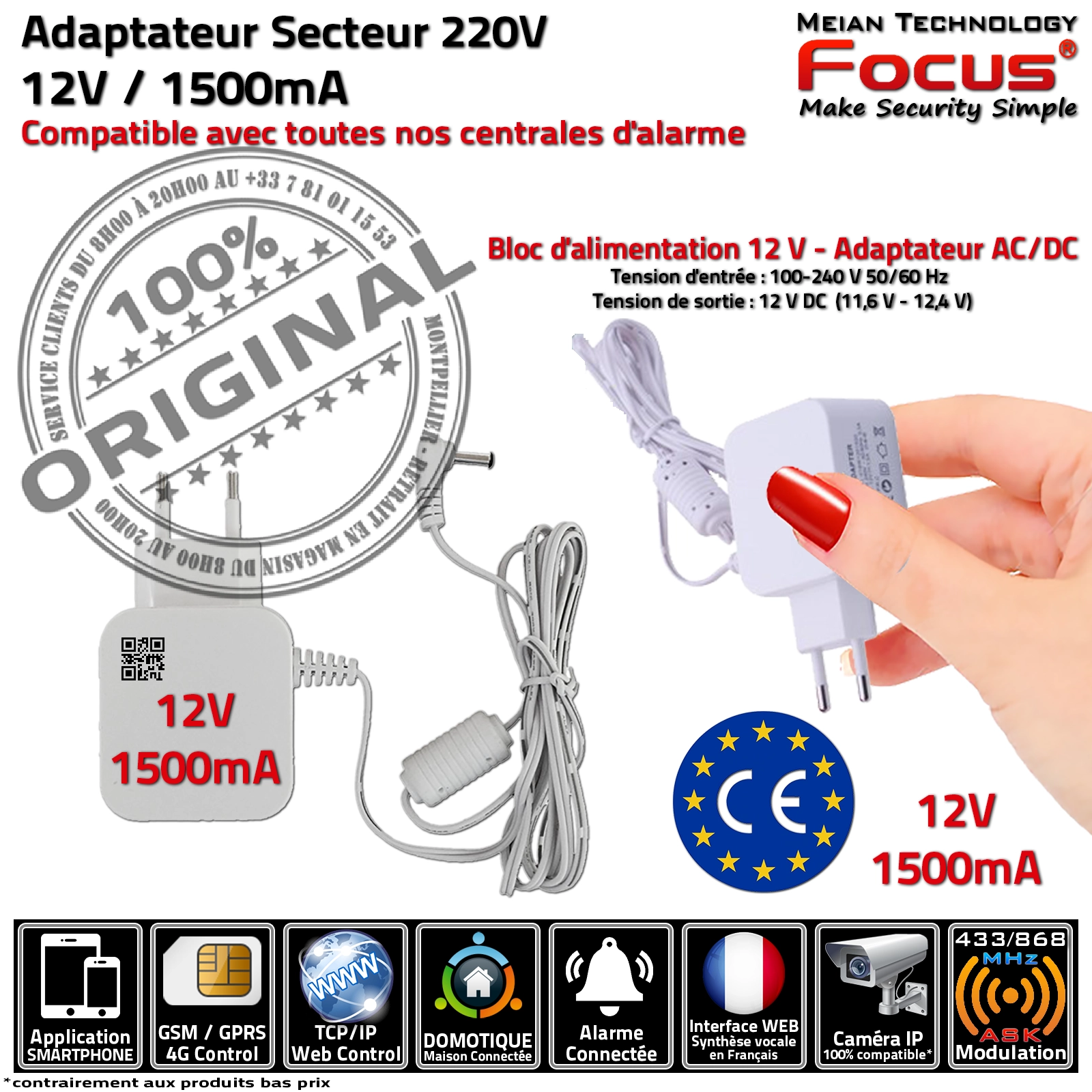 Bloc alimentation Meian 12V 1500mA pour caméras de surveillance et alarmes.