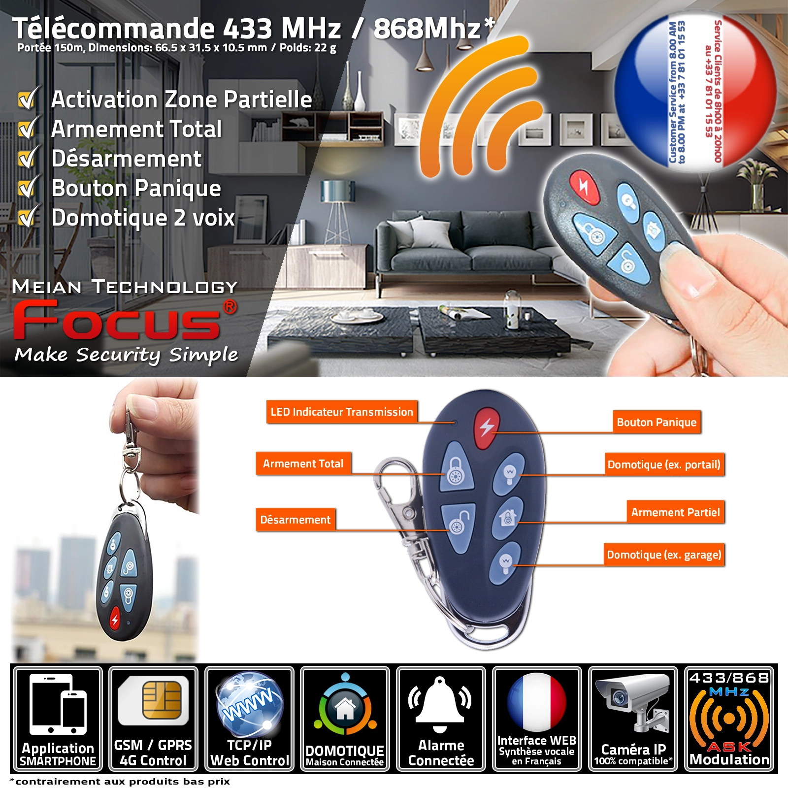 Télécommande pour commander l’alarme sans-fil à distance avec bouton panique.