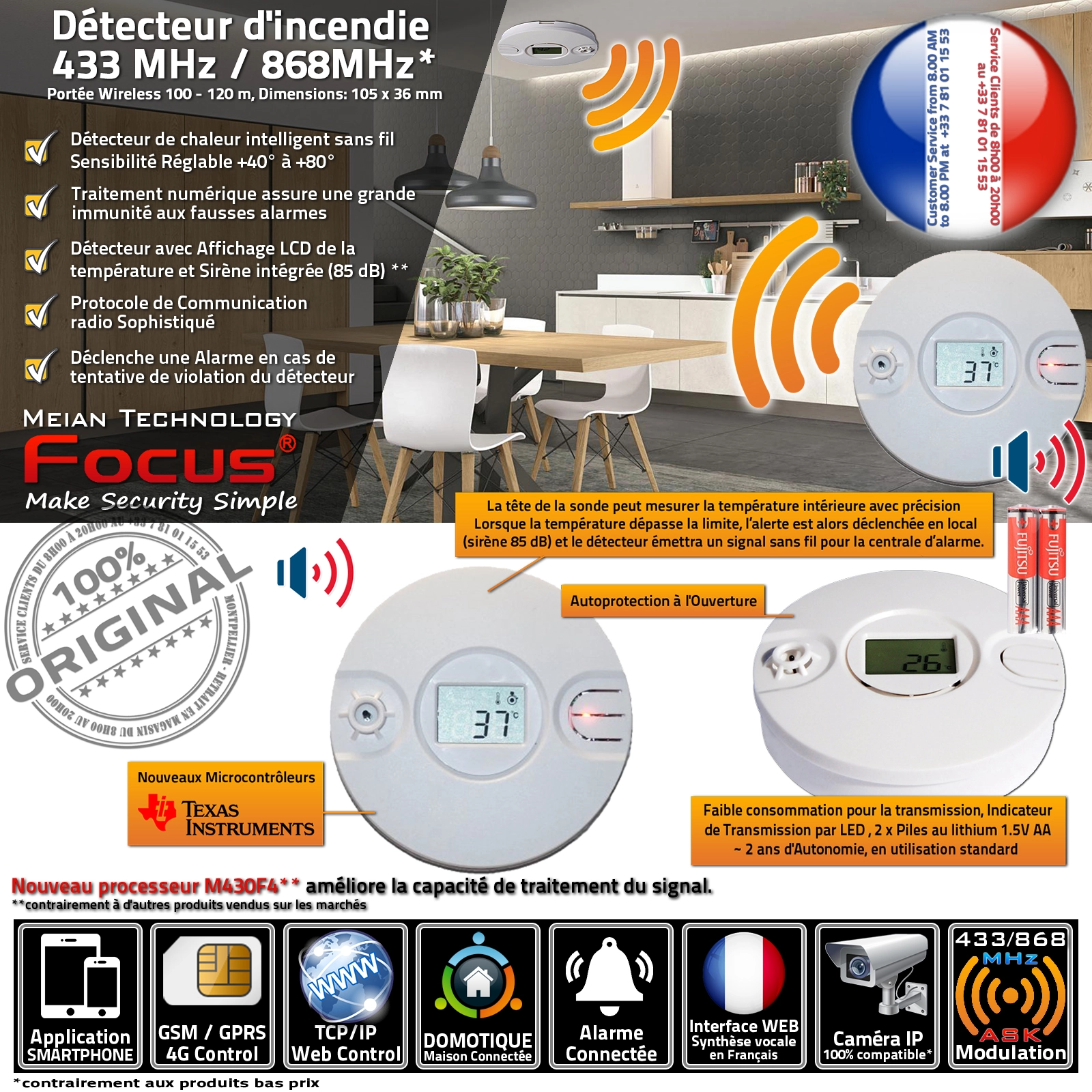 Détecteur de température haute précision Meian, fréquence 868 MHz.