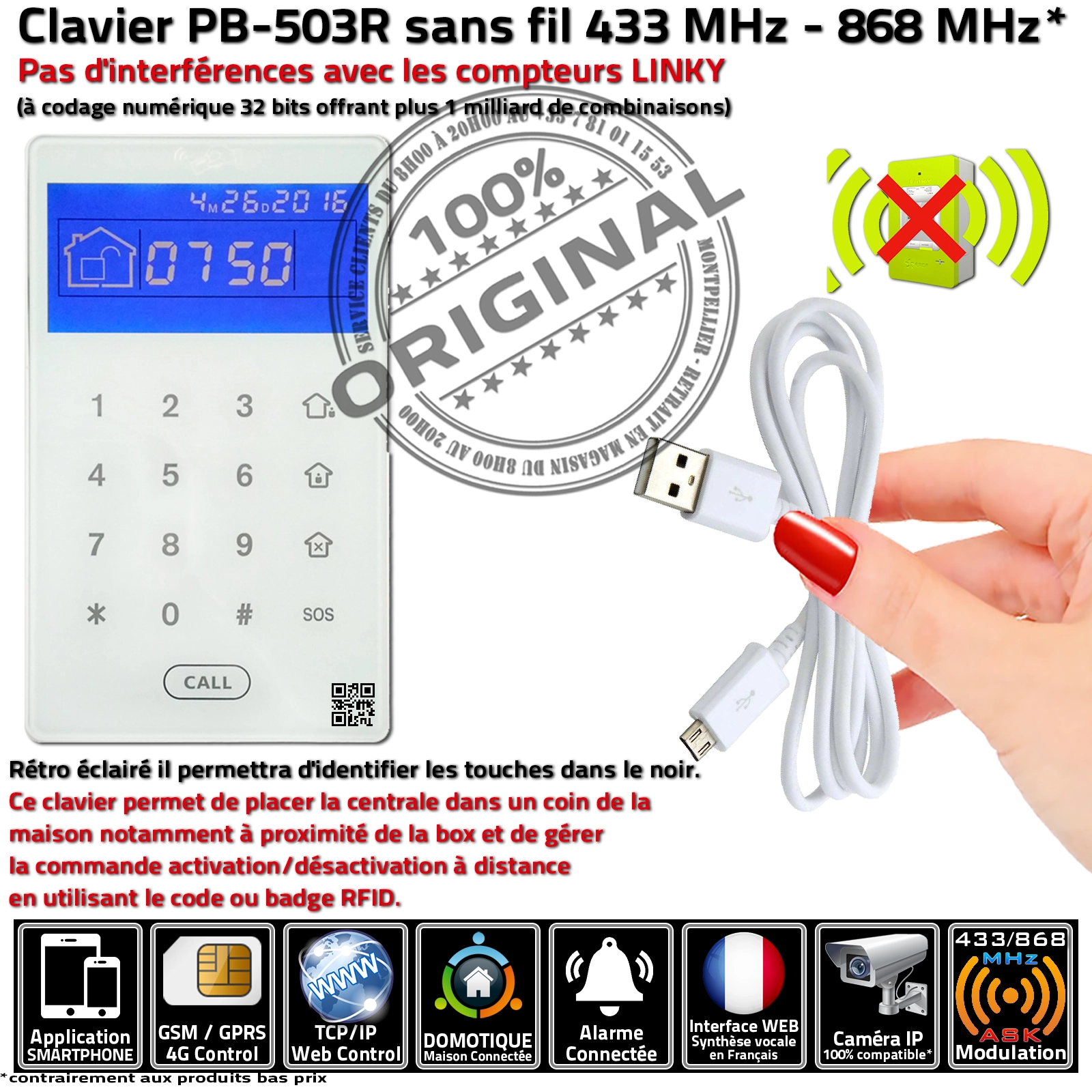 Clavier sans-fil PB-503R pour sécurité domestique et commerciale. Lecteur RFID et installation facile.